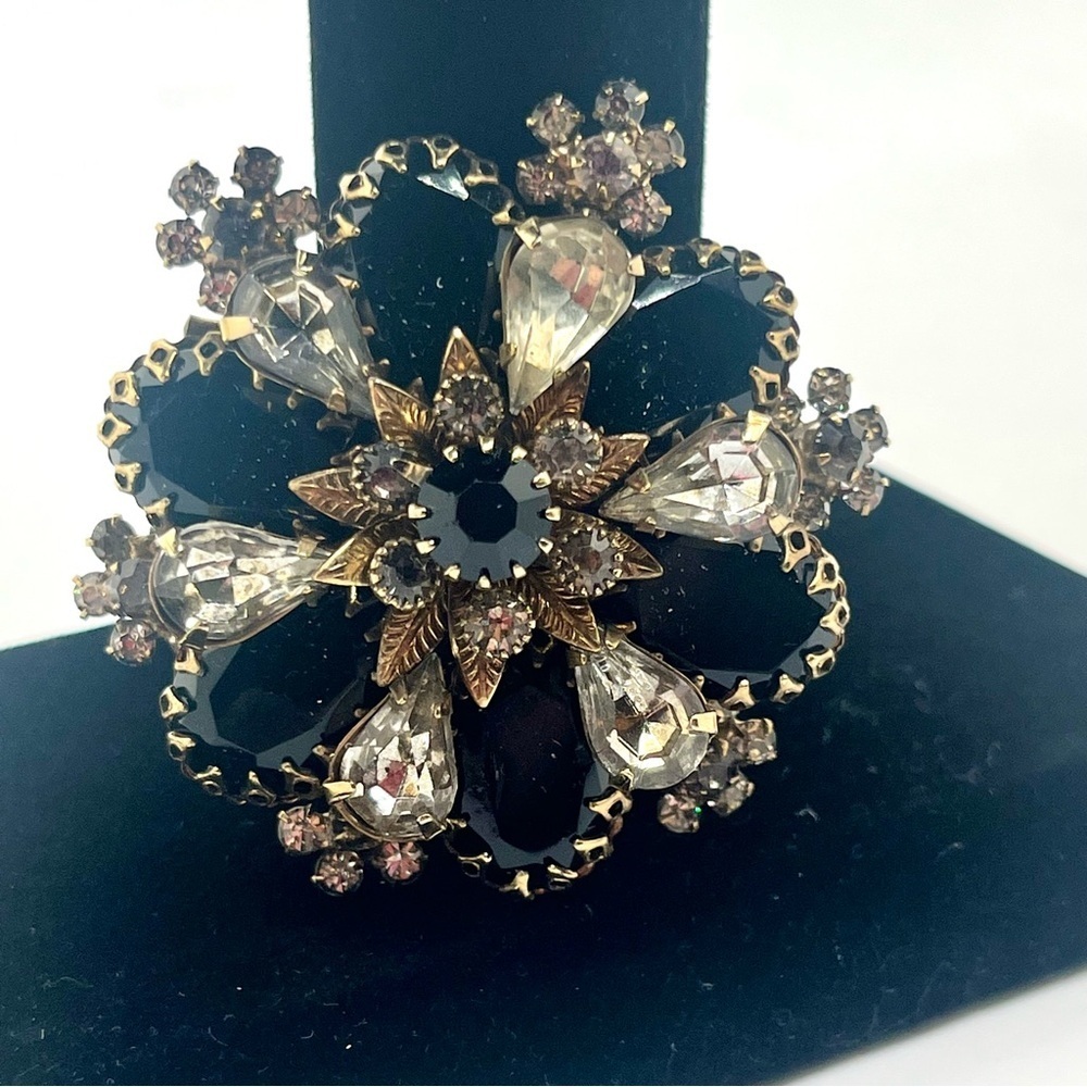 vintage black rhinestone floral brooch gold tone statement pin